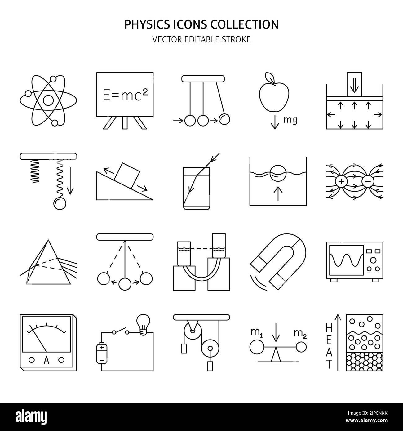 Physics science icon set in line style. Physical laws and symbols. Vector illustration with editable stroke. Stock Vector