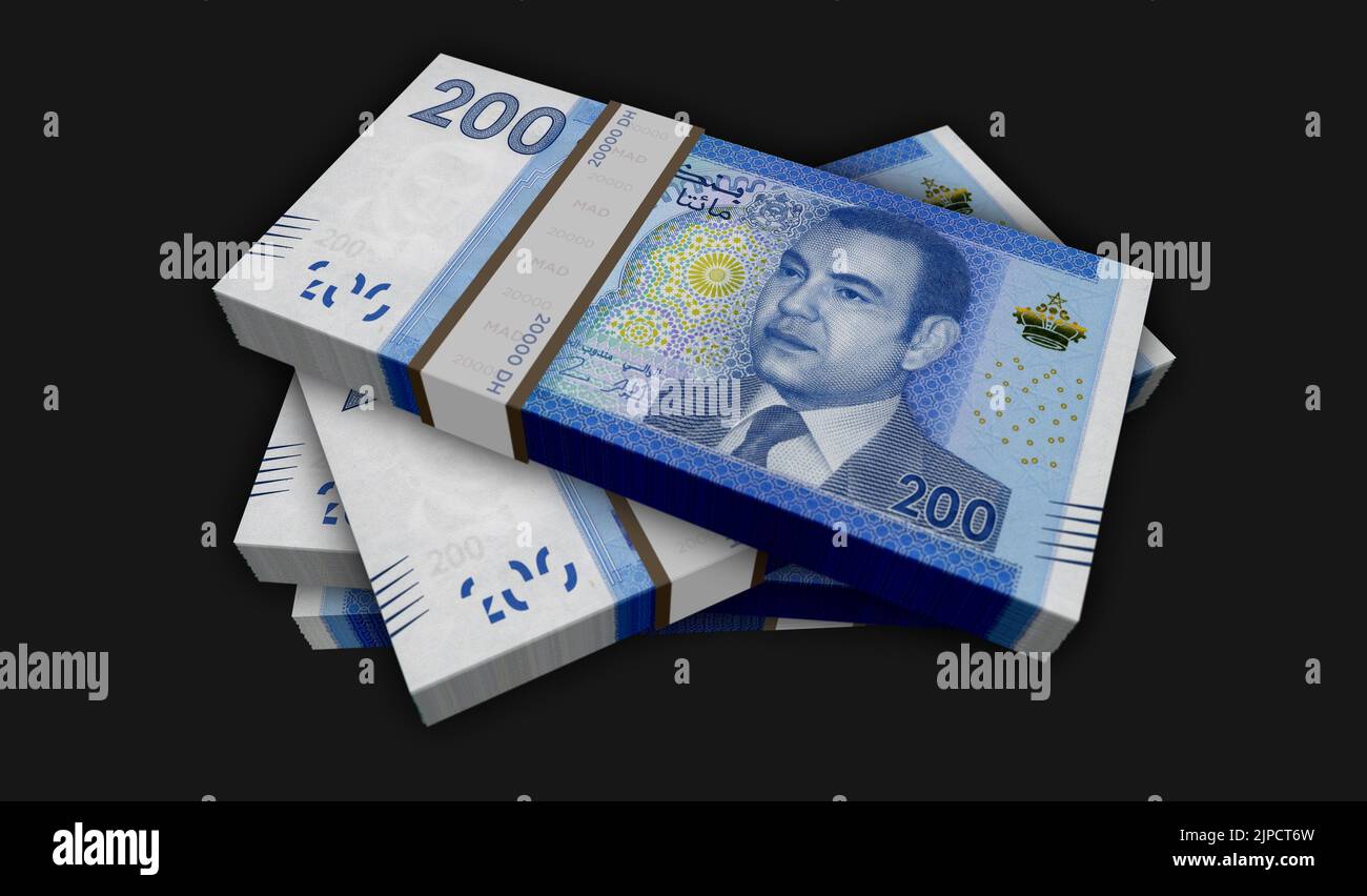 Morocco money Moroccan Dirham money pack 3d illustration. MAD banknote bundle stacks. Concept of finance, cash, economy crisis, business success, rece Stock Photo