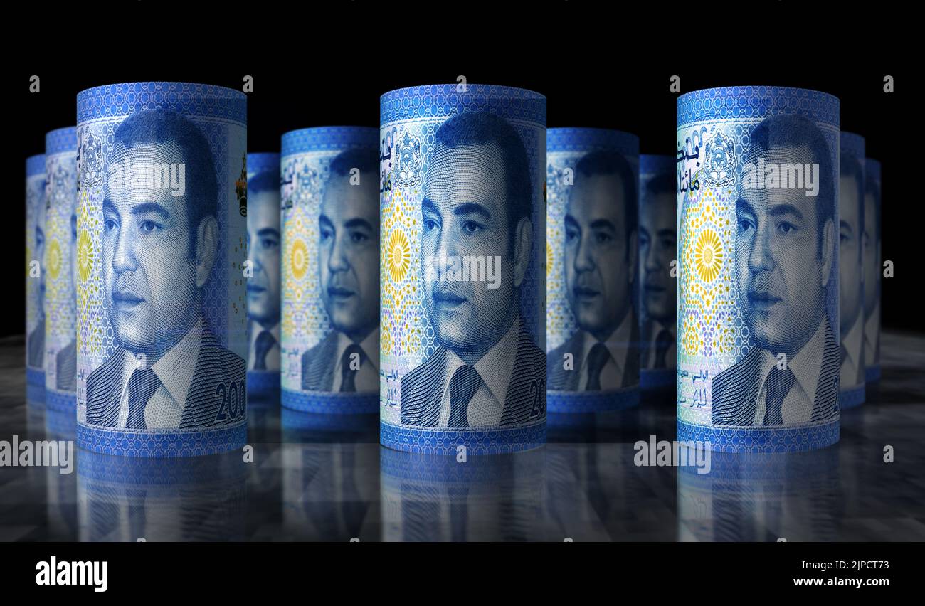 Morocco money Moroccan Dirham money pack 3d illustration. MAD banknote bundle stacks. Concept of finance, cash, economy crisis, business success, rece Stock Photo