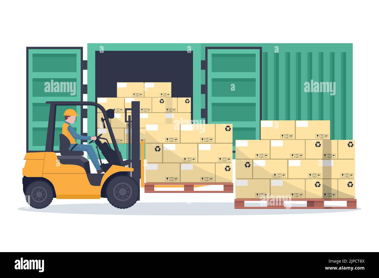 Forklift truck loading pallet with stacked boxes to a green cargo