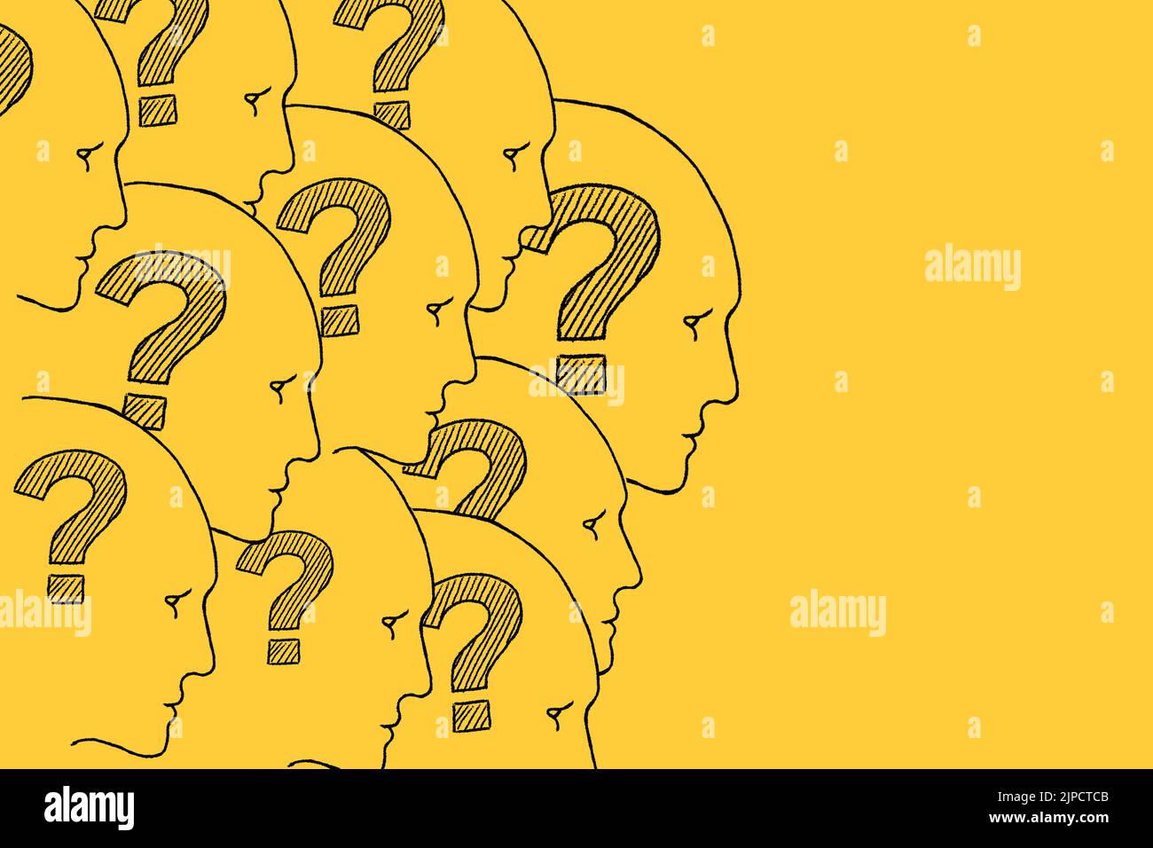 Human faces with question marks inside. Illustration on yellow background. FAQ. Stock Photo