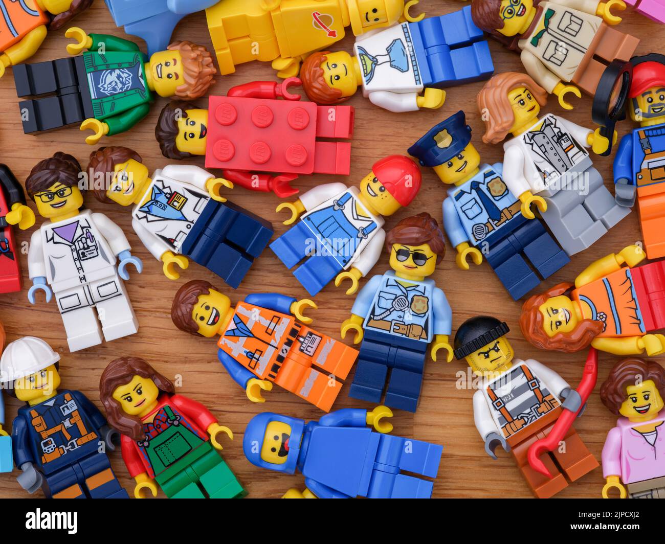 Tambov, Russian Federation - August 11, 2022 A heap of Lego minifigures. Stock Photo