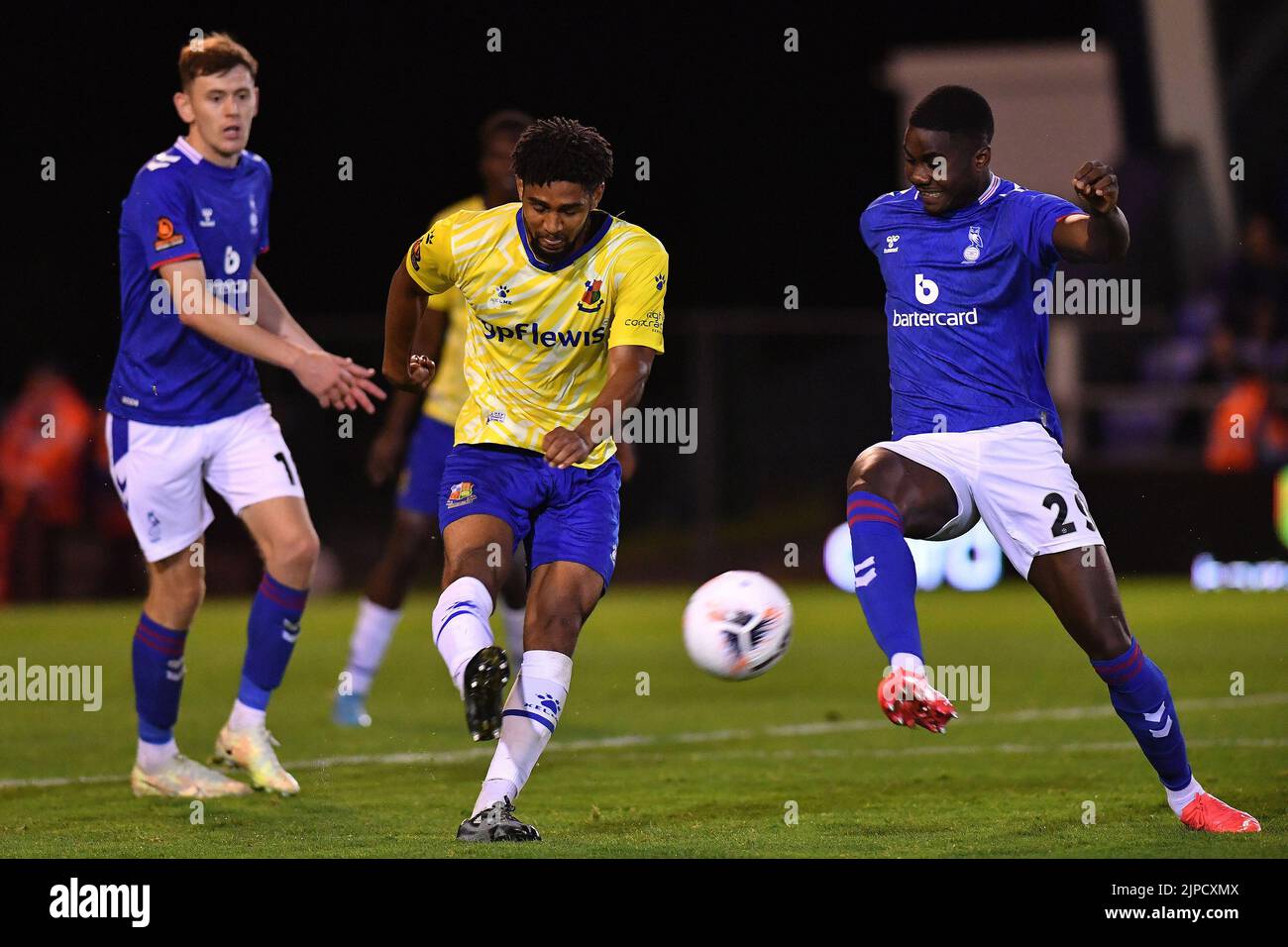 Junior Luamba of Oldham Athletic tussles with Ashley Charles of Wealdstone Football Club during the Vanarama National League match between Oldham Athletic and Wealdstone at Boundary Park, Oldham on Wednesday 17th August 2022. (Credit: Eddie Garvey | MI News) Credit: MI News & Sport /Alamy Live News Stock Photo