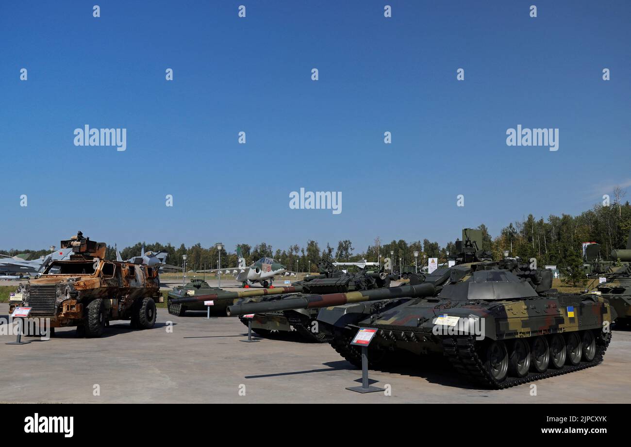 Tanks and armoured vehicles are on display during the exhibition of weaponry and equipment that, according to the Russian defence ministry, were captured during the military conflict in Ukraine, at the international military-technical forum Army-2022 at Patriot Congress and Exhibition Centre in the Moscow region, Russia August 17, 2022. REUTERS/REUTERS PHOTOGRAPHER Stock Photo
