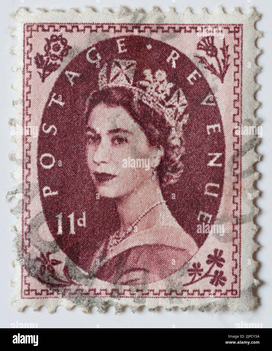 Pre-decimal ER eleven pence postage stamp, UK. Stock Photo