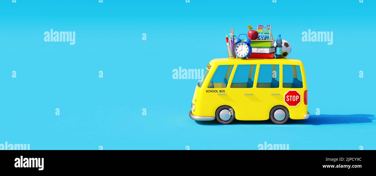 Back to school concept on blue background. School bus with school supplies 3D Render 3D Illustration Stock Photo