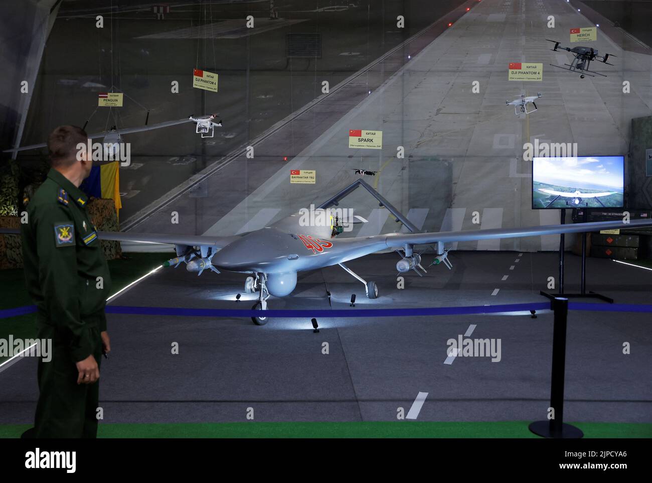 A Bayraktar TB2 combat drone is on display during the exhibition of weaponry and equipment that, according to the Russian defence ministry, were captured during the military conflict in Ukraine, at the international military-technical forum Army-2022 at Patriot Congress and Exhibition Centre in the Moscow region, Russia August 17, 2022. REUTERS/REUTERS PHOTOGRAPHER Stock Photo