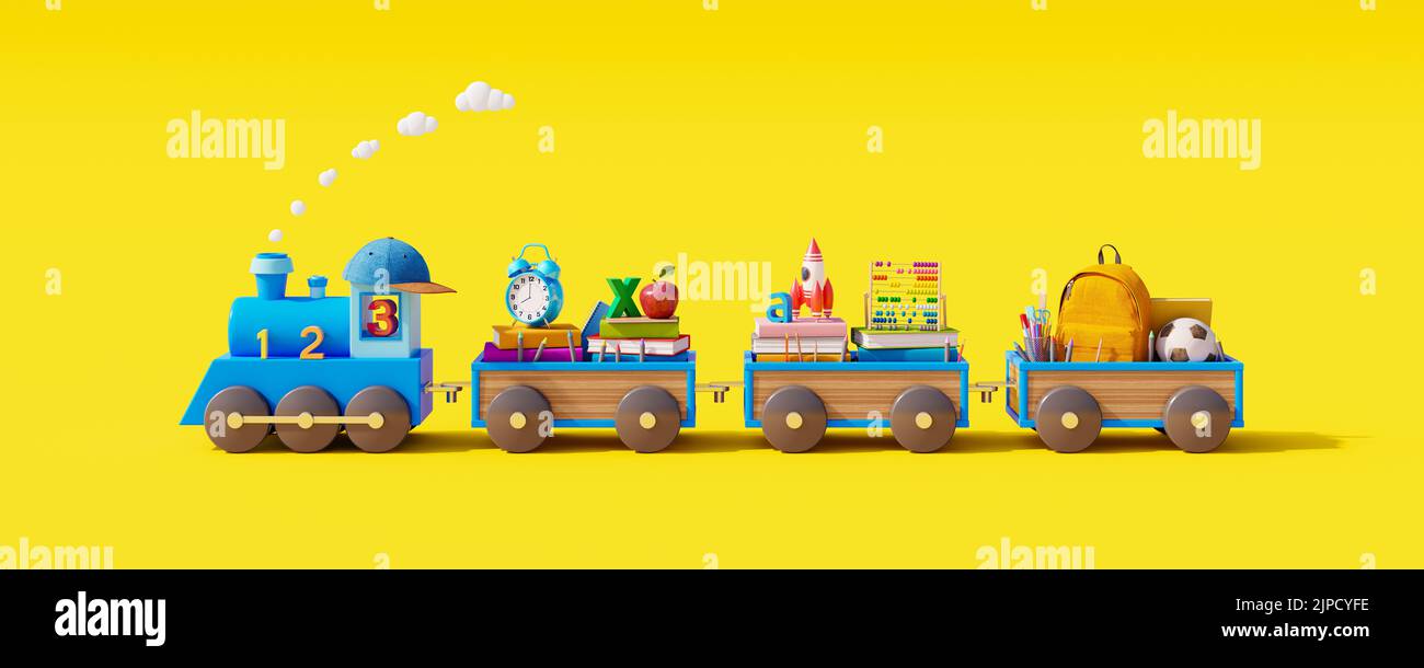 Back to school concept on yellow background. Blue train and wooden wagons filled with school supplies 3D Render 3D Illustration Stock Photo