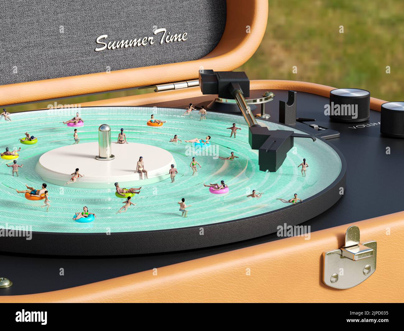 people swim in the pool in the form of a vinyl player 3 D render Stock