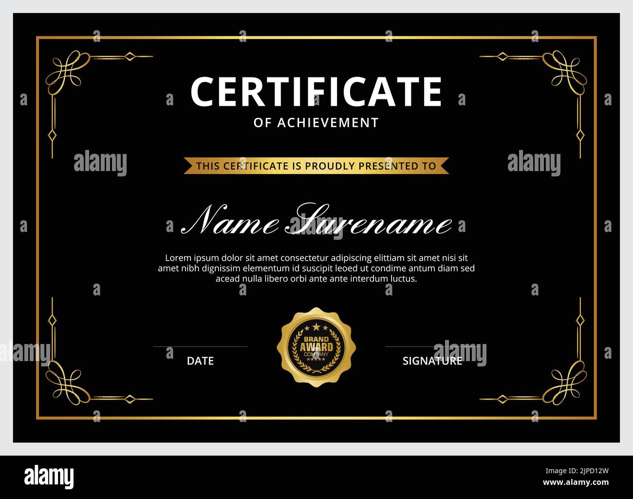 Certificate of appreciation template, gold and black color clean modern certificate with gold badge. Certificate border template with luxury Stock Vector