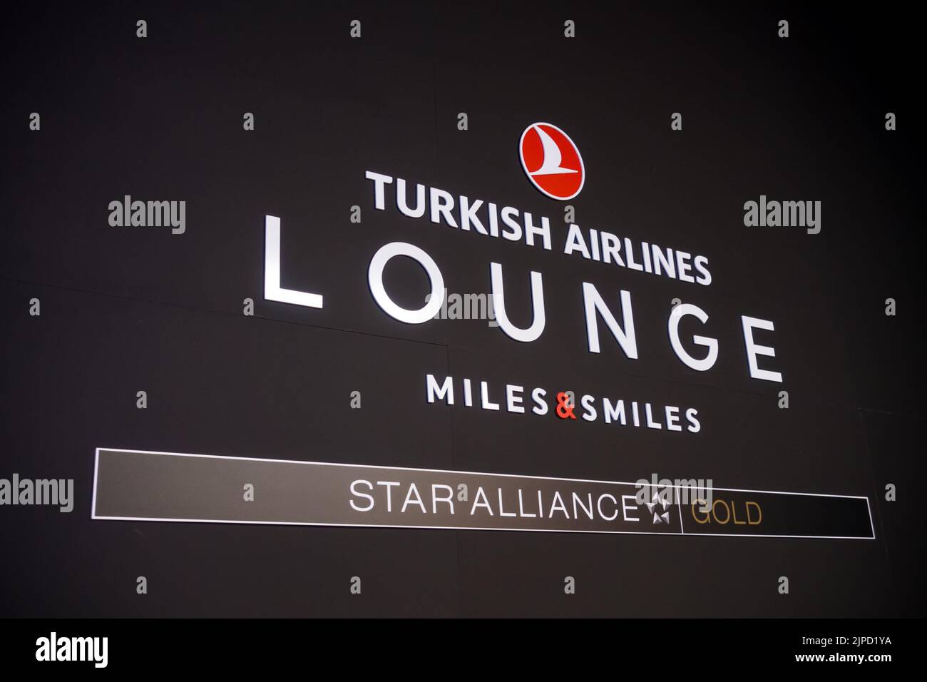 Sign of Turkish Airlines in business lounge. Stock Photo