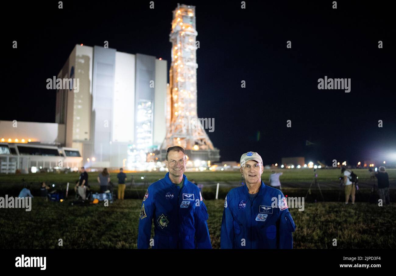 NASA astronauts Stan Love, left, and Don Pettit, right pose for a picture as NASAs Space Launch System (SLS) rocket with the Orion spacecraft aboard atop the mobile launcher is rolled out of the Vehicle Assembly Building to Launch Pad 39B, Tuesday, Aug. 16, 2022, at NASAs Kennedy Space Center in Florida. NASAs Artemis I mission is the first integrated test of the agencys deep space exploration systems: the Orion spacecraft, SLS rocket, and supporting ground systems. Launch of the uncrewed flight test is targeted for no earlier than Aug. 29, 2022. Mandatory Credit: Joel Kowsky/NASA via CN Stock Photo