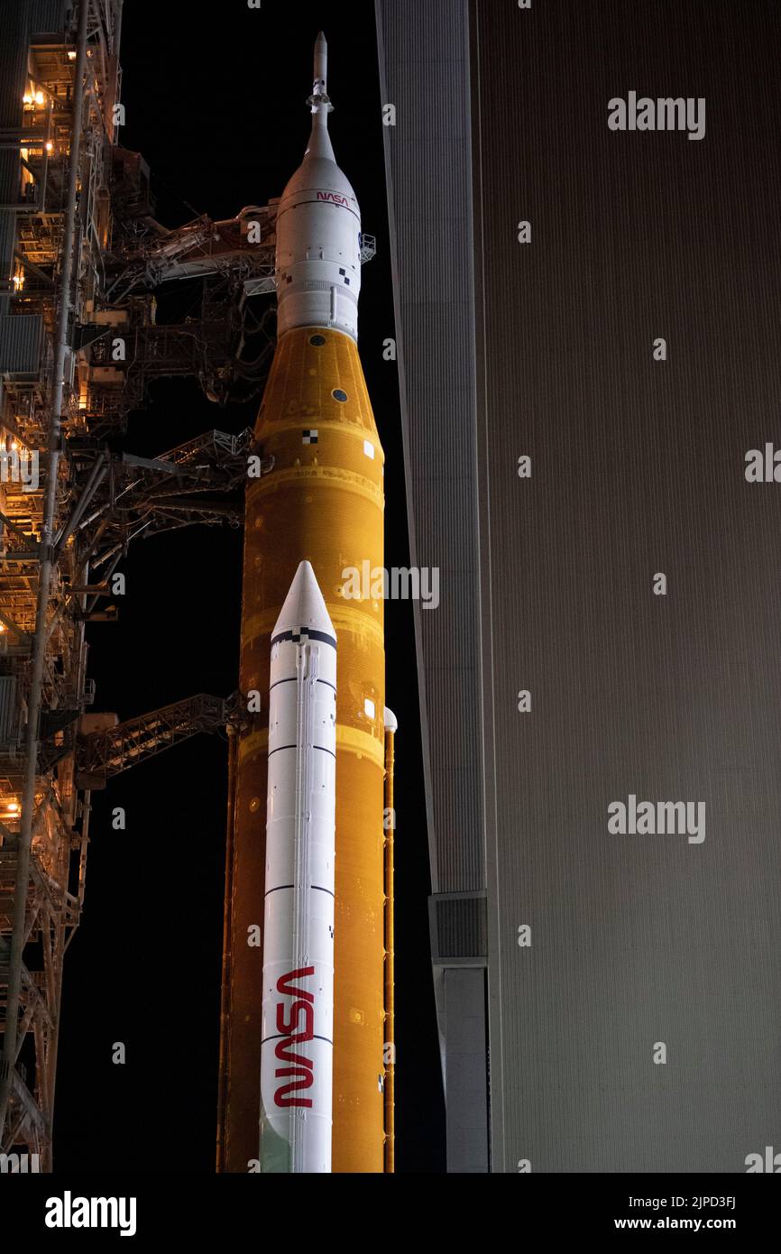 NASAs Space Launch System (SLS) rocket with the Orion spacecraft aboard is seen atop a mobile launcher as it rolls out of the Vehicle Assembly Building to Launch Pad 39B, Tuesday, Aug. 16, 2022, at NASAs Kennedy Space Center in Florida. NASAs Artemis I mission is the first integrated test of the agencys deep space exploration systems: the Orion spacecraft, SLS rocket, and supporting ground systems. Launch of the uncrewed flight test is targeted for no earlier than Aug. 29, 2022. Mandatory Credit: Joel Kowsky/NASA via CNP Stock Photo