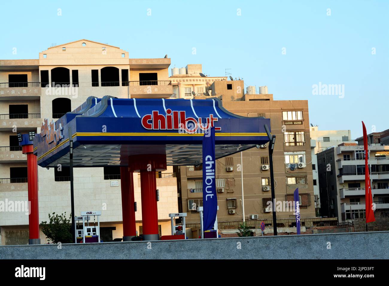 Cairo, Egypt, August 5 2022 Chillout gas and oil station, Shinzo Abe