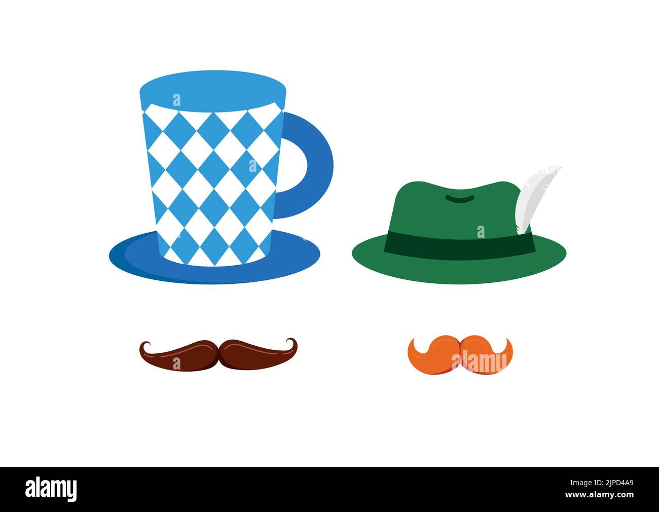 Oktoberfest hat with feather and mustache icon set isolated on white background. Stock Vector