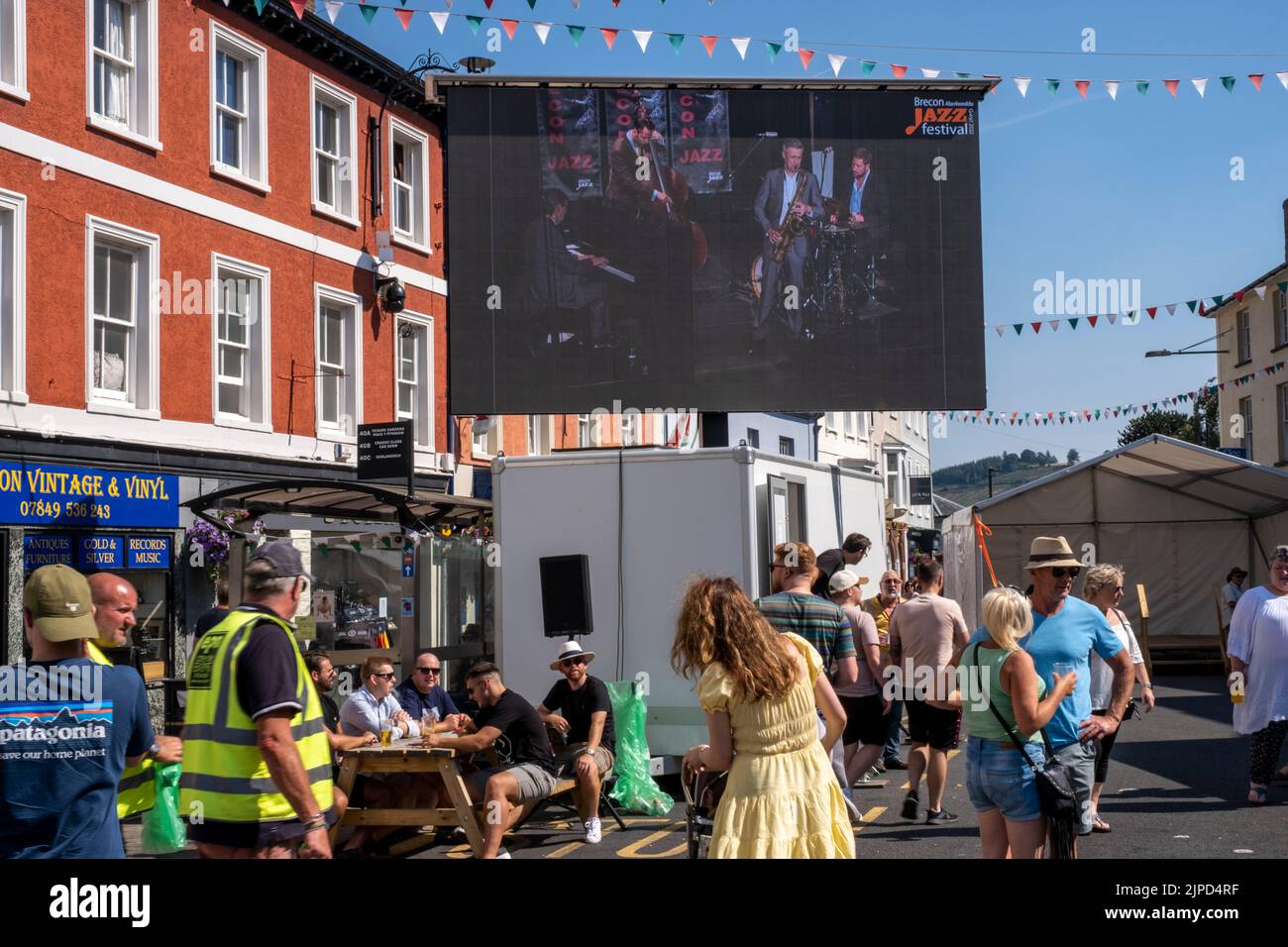 Brecon Jazz Festival 2022 with large screen in centre of town ...