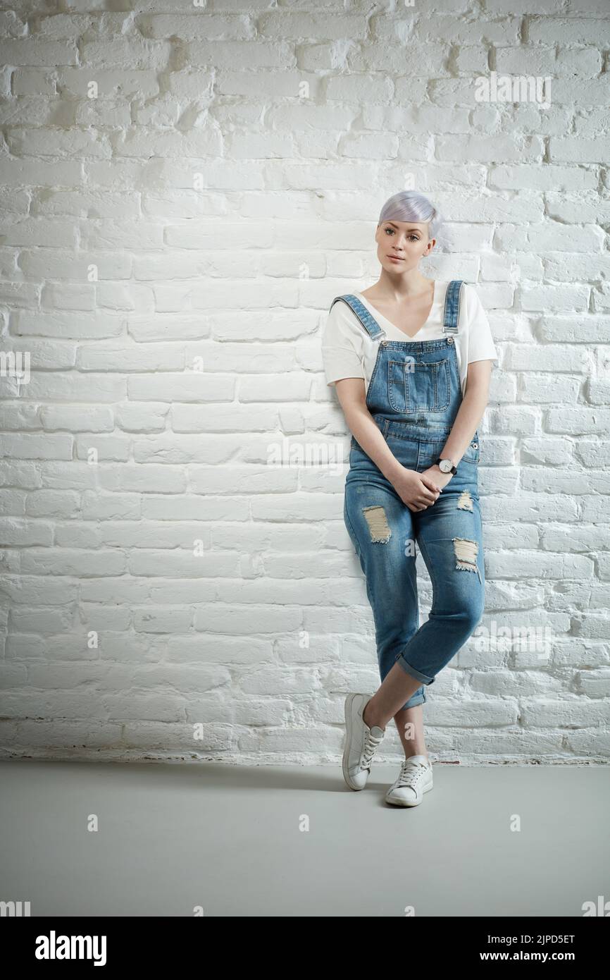 fashion, overalls, short haircut, white hair, fashions, overall, short haircuts, white hairs Stock Photo