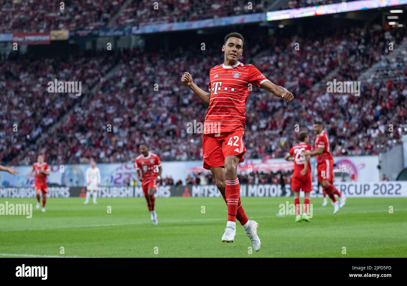 30 July 2022, Leipzig: In the current season, German international Jamal Musiala began his scoring streak with Bayern Munich in the German Supercup, in the match his club won against Leipzig and in which he scored the opening goal in a 5-3 win for Munich. After the second Bundesliga matchday, he has already scored three more goals. Former Germany international Lothar Matthäus today described him as 'the future' of his club. Photo: Hendrik Schmidt/dpa - IMPORTANT NOTICE: The DFL/DFB rules prohibit any use of photographs in the form of image sequences and/or quasi video Stock Photo