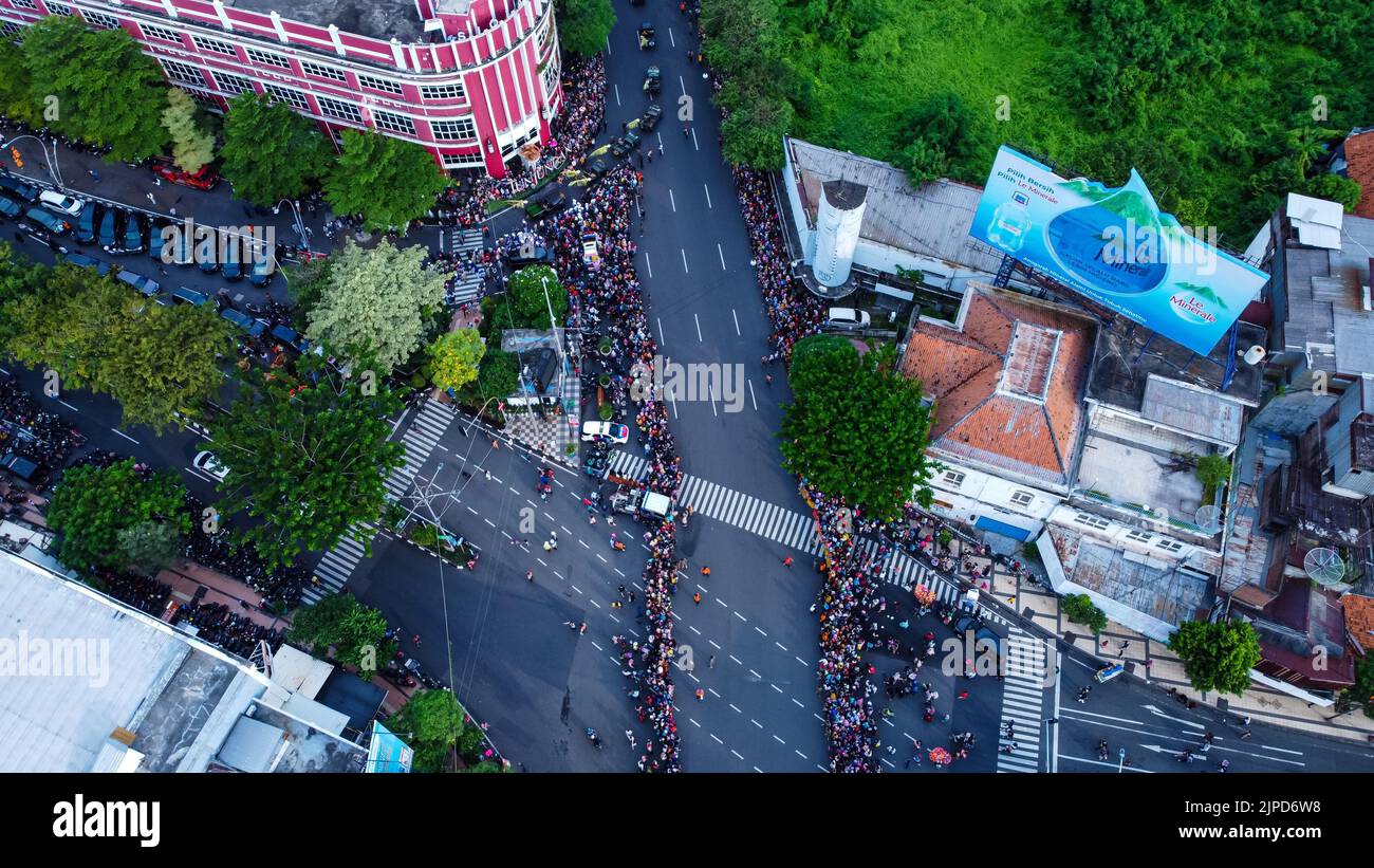 An aerial view of decorative car festival in celebration of 729th anniversary of Surabaya Stock Photo
