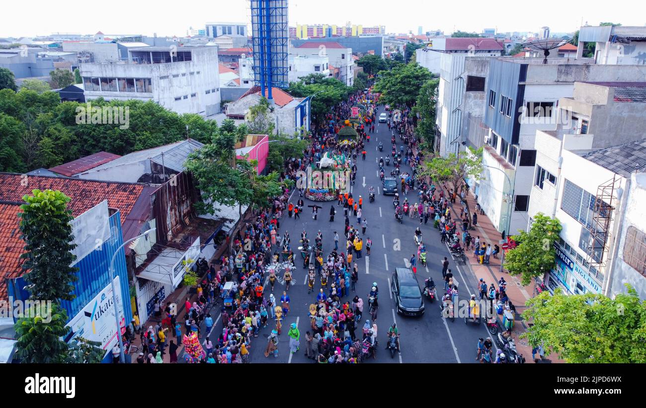 An aerial view of decorative car festival in celebration of 729th anniversary of Surabaya Stock Photo