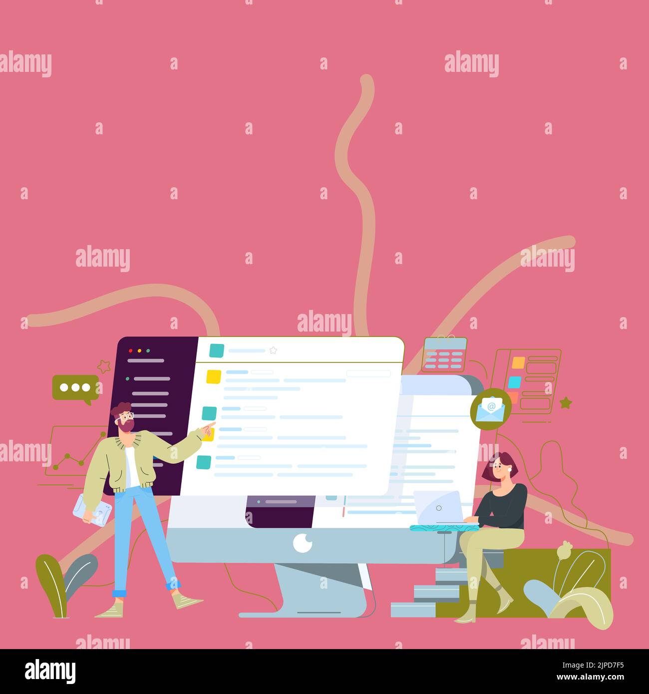 Couple Drawing Using Desktop Computer. Man Pointing Monitor Screen ...