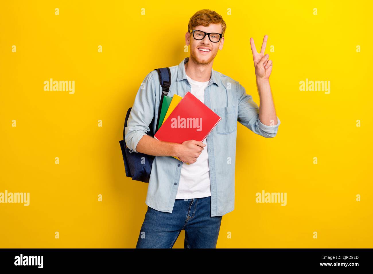 Photo of positive cheerful clever boy trendy outfit demonstrate hello ...