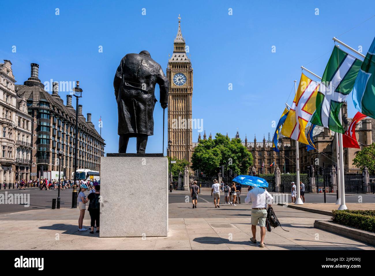 The Statue Of Winston Churchill In Parliament Square, London, Uk Stock Photo