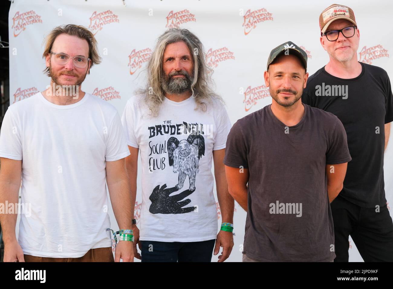 Turin Brakes (Olly Knights, Eddie Myer, Rob Allum and    Gale Paridjanian) backstage at Fairport's Cropredy Convention. Banbury, UK. August 12, 2022 Stock Photo