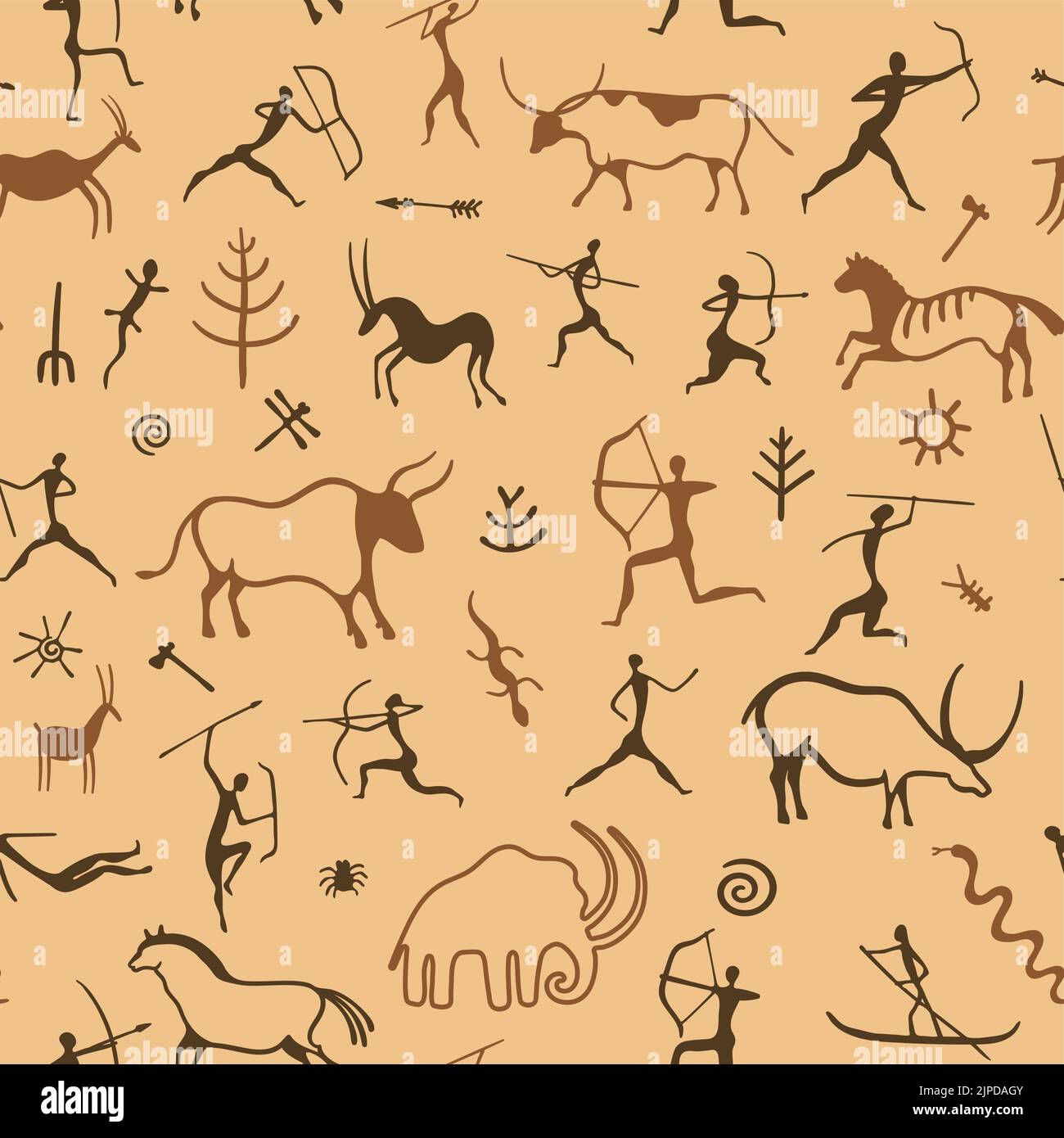Cave painting pattern. Seamless print of primitive ancient drawing of hunting men, prehistoric animals and patterns. Vector ornamental texture Stock Vector