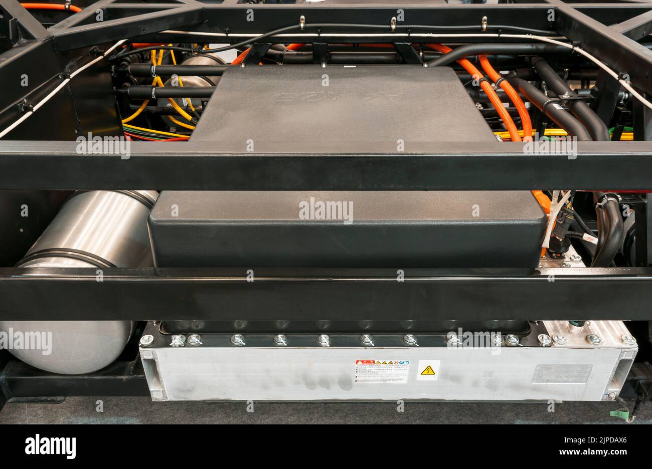 Electric bus chassis, engine and battery detail on display at the LAT.BUS 2022 fair, held in the city of São Paulo. Stock Photo