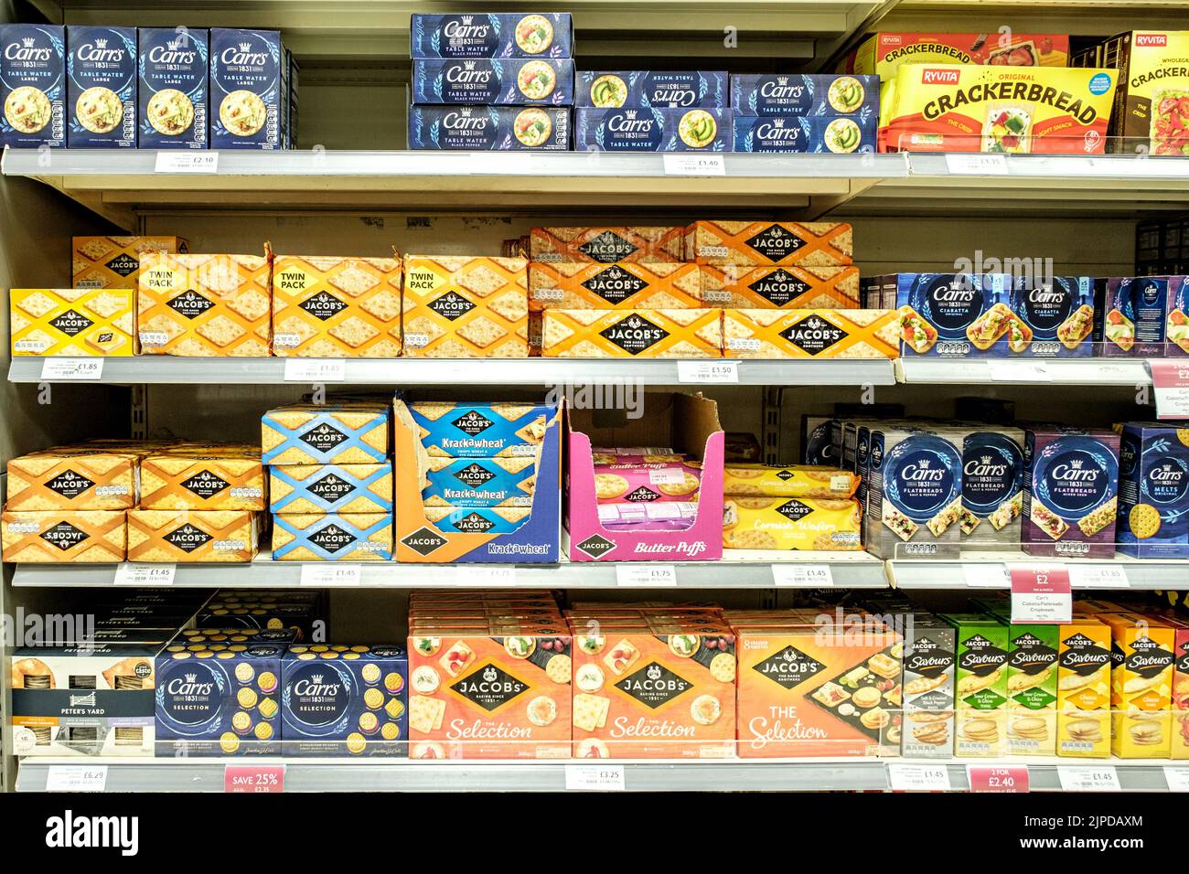 Epsom Surrey, August 14 2022, Selection Of Savoury Crackers Or Biscuits On Supermarket Shelf Stock Photo