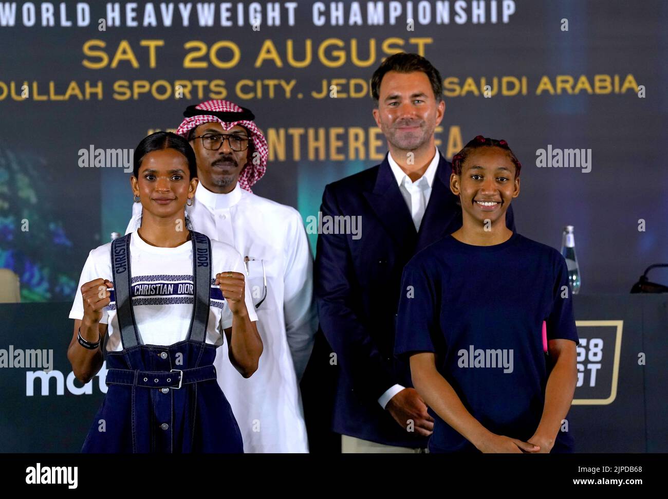 Ramla Ali, Crystal Garcia Nova, Abdullah Ahmed Eid Al-Harbi, boxing promoter Eddie Hearn during a press conference at the Shangri-La Hotel in Jeddah, Saudi Arabia. Picture date: Wednesday August 17, 2022. Stock Photo