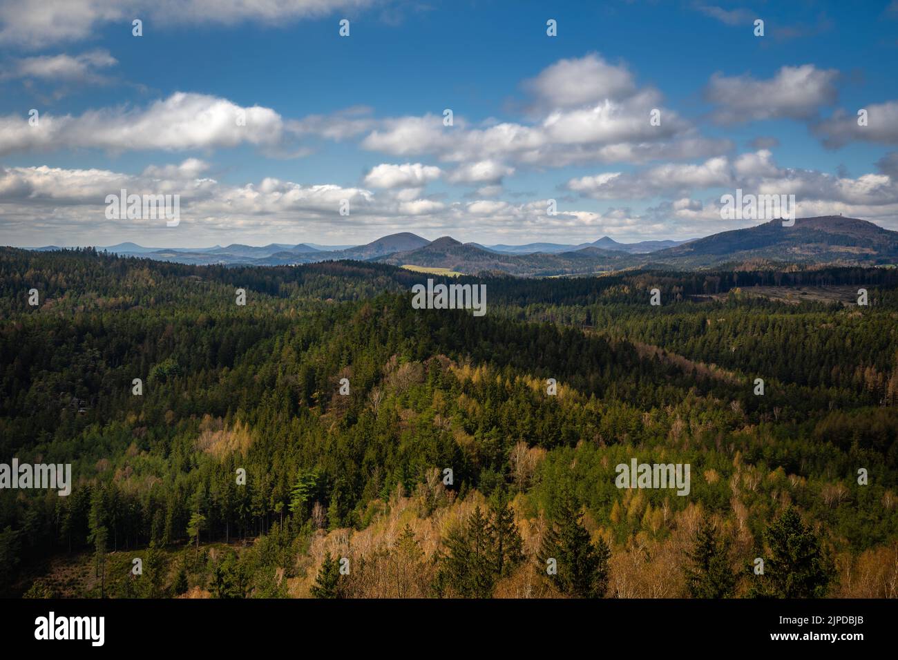 Great view to the amazing and deep forests on the northern Bohemia. Such a nice and calm place with cool hike. Stock Photo