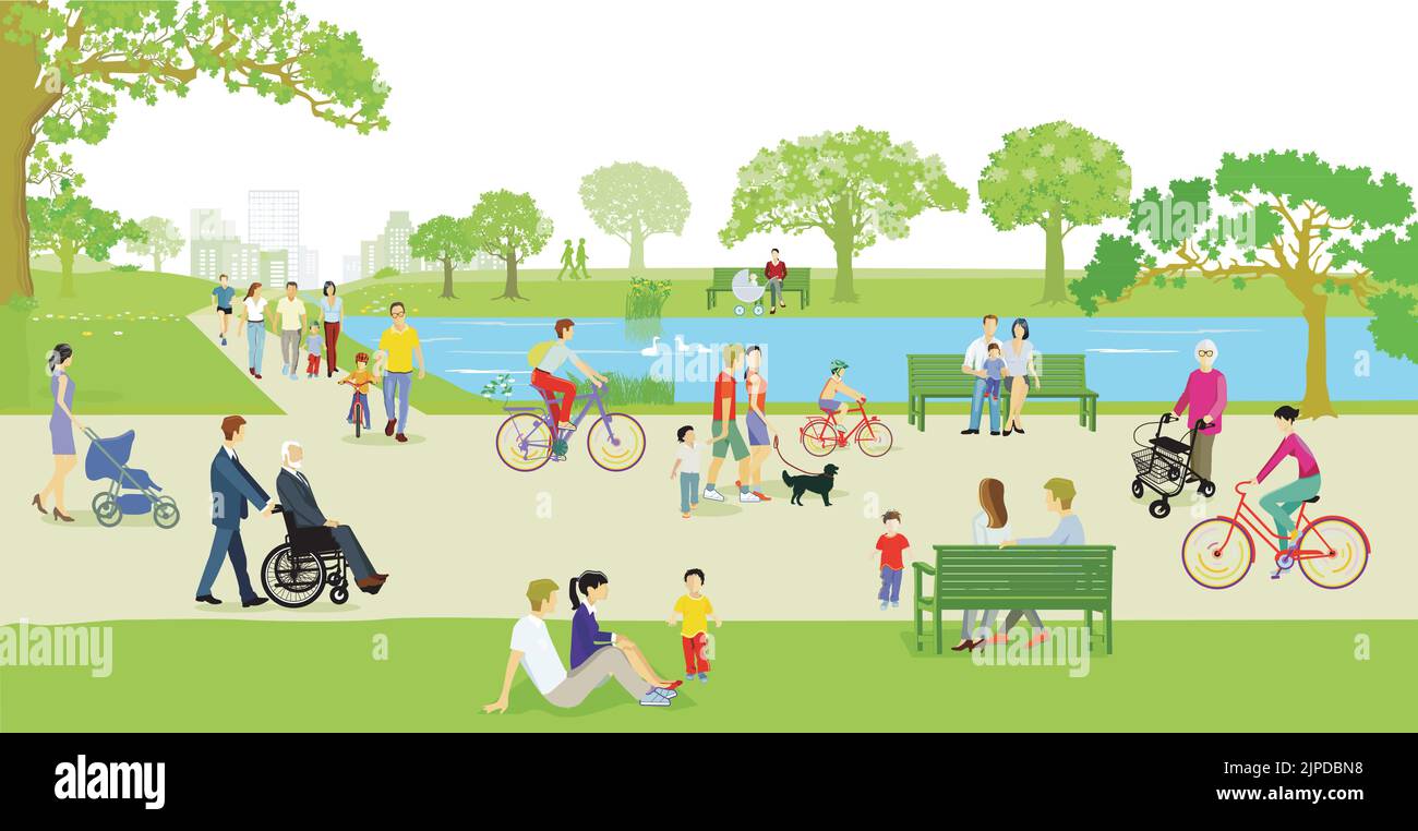 Families and other people have a leisure time in nature, illustration Stock Vector