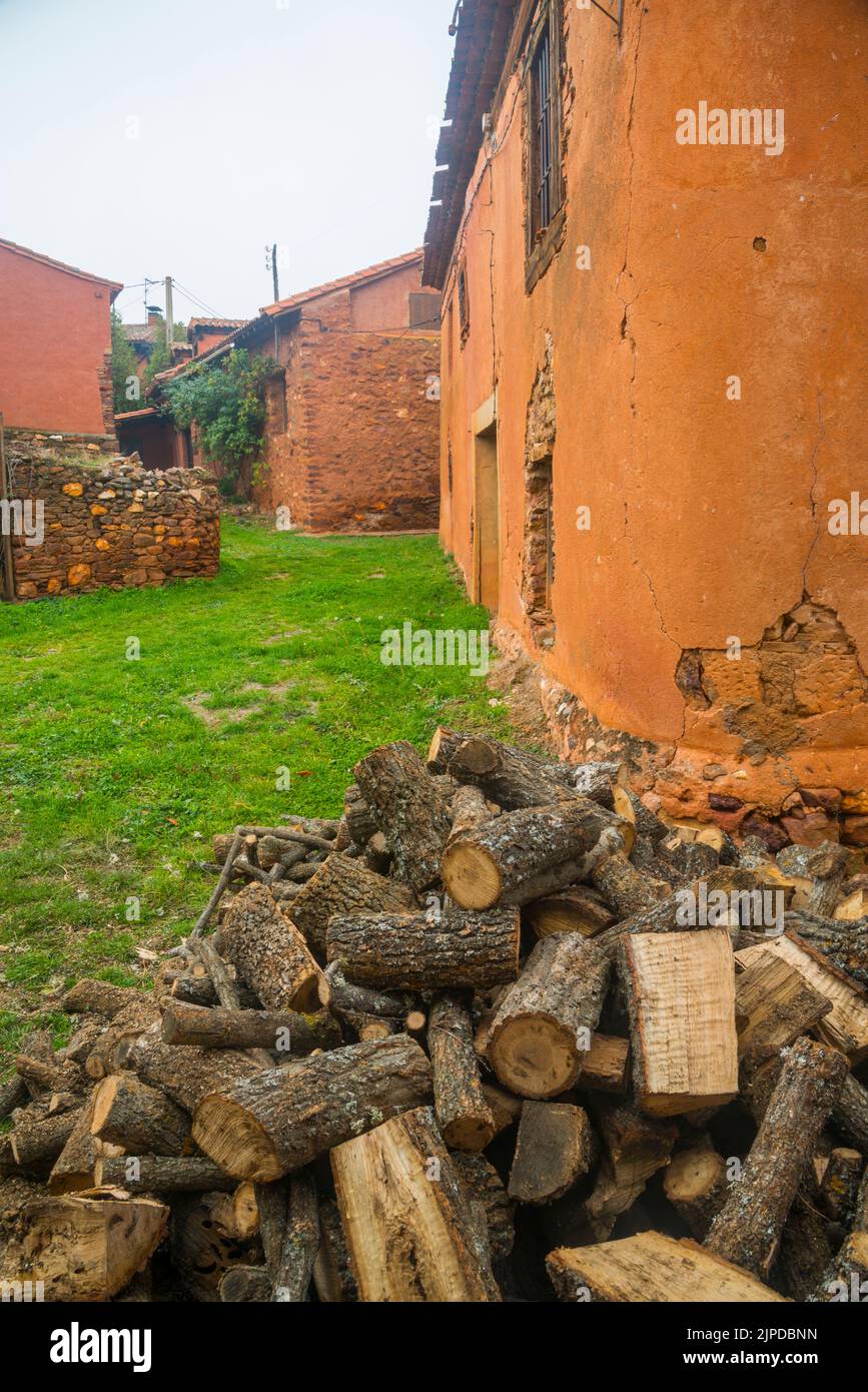 Pile of firewood. Madriguera, Segovia province, Castilla Leon, Spain. Stock Photo