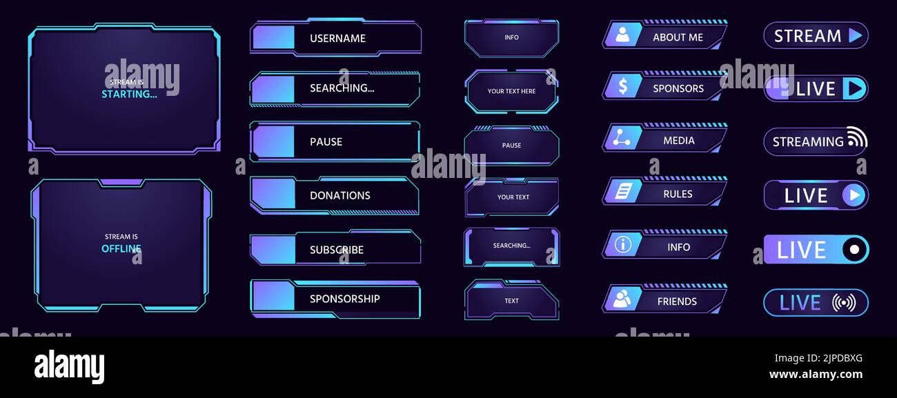 Game stream. HUD futuristic overlay with frames buttons banners and panels, dashboard popup window layout for TV and game streaming. Vector border UI Stock Vector