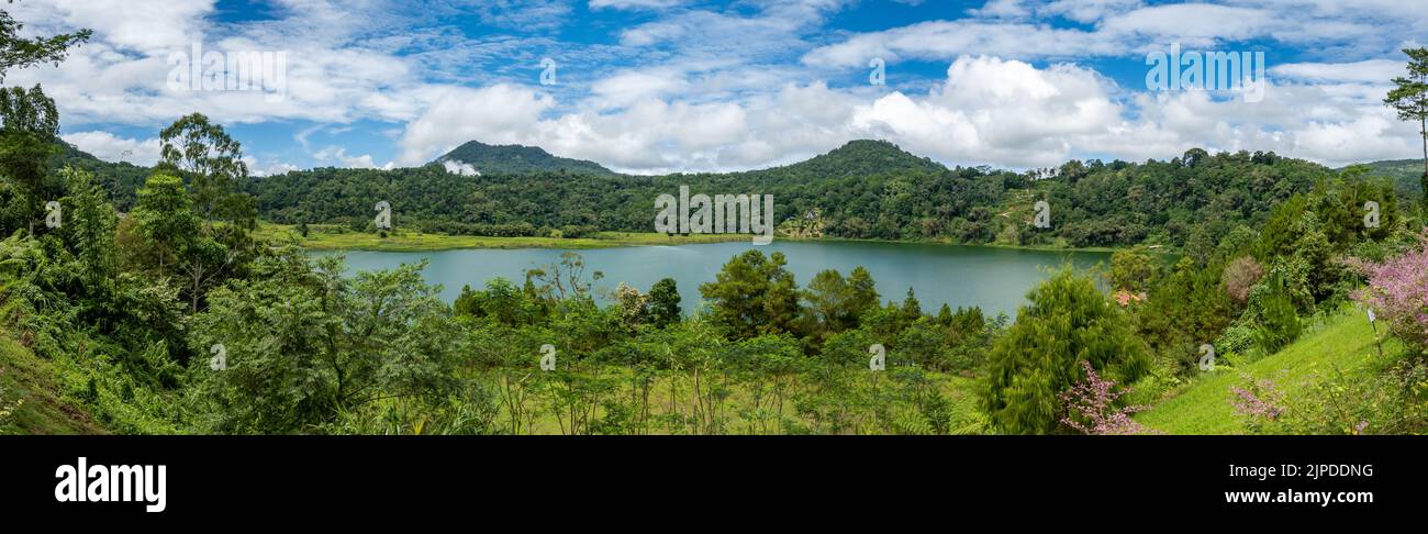 Panoramic view of Lake Linow, or Danau Linow, a volcanic lake near city Tomohon, North Sulawesi, Indonesia. Stock Photo