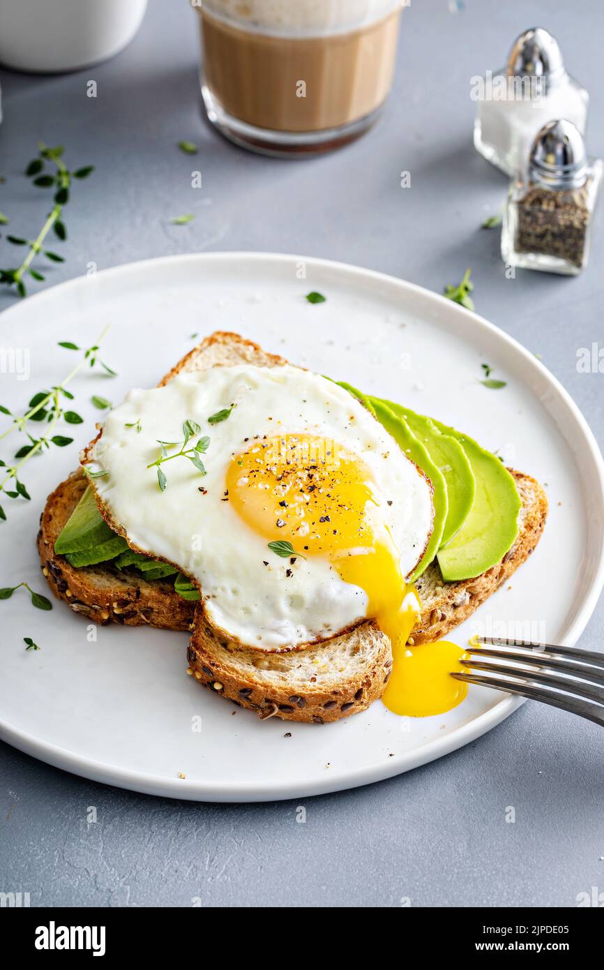 Avocado toast on a toasted multigrain bread with a fried egg Stock Photo