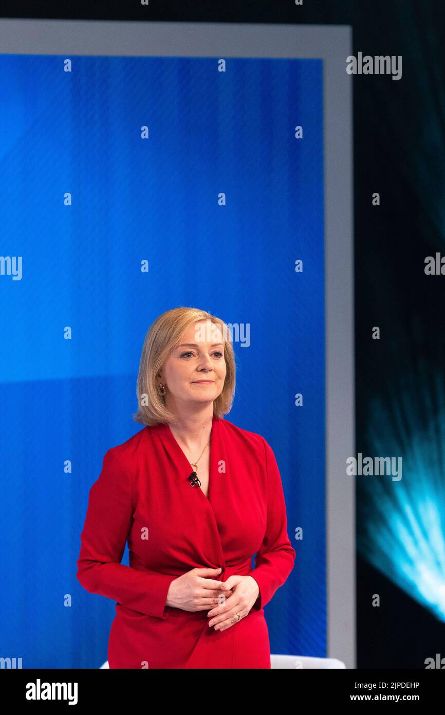 Conservative leadership candidate Liz Truss is questioned by the Sky News audience during the Battle For Number 10 special programme Stock Photo