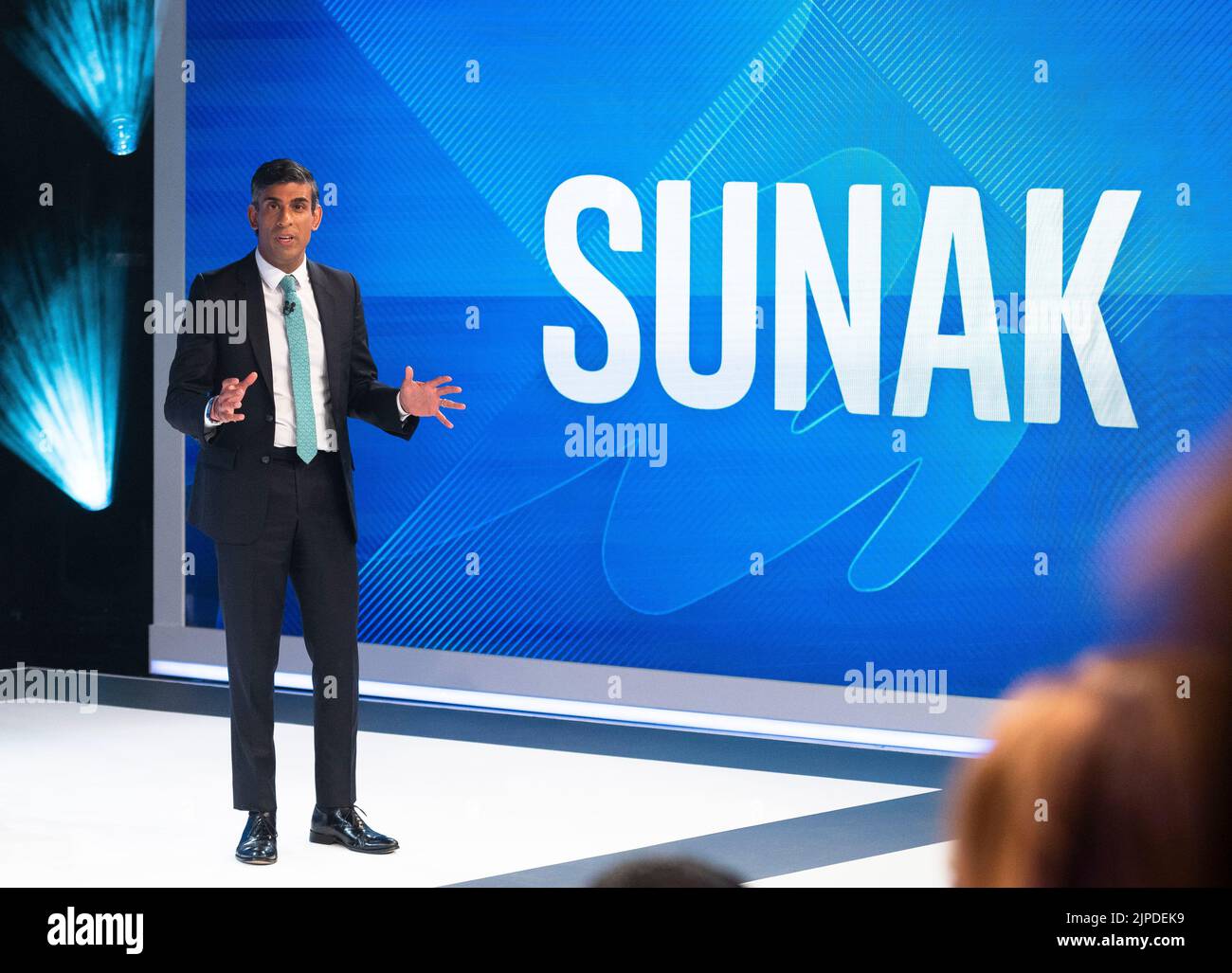 Conservative leadership candidate Rishi Sunak is questioned by the Sky News audience during the Battle For Number 10 special programme Stock Photo