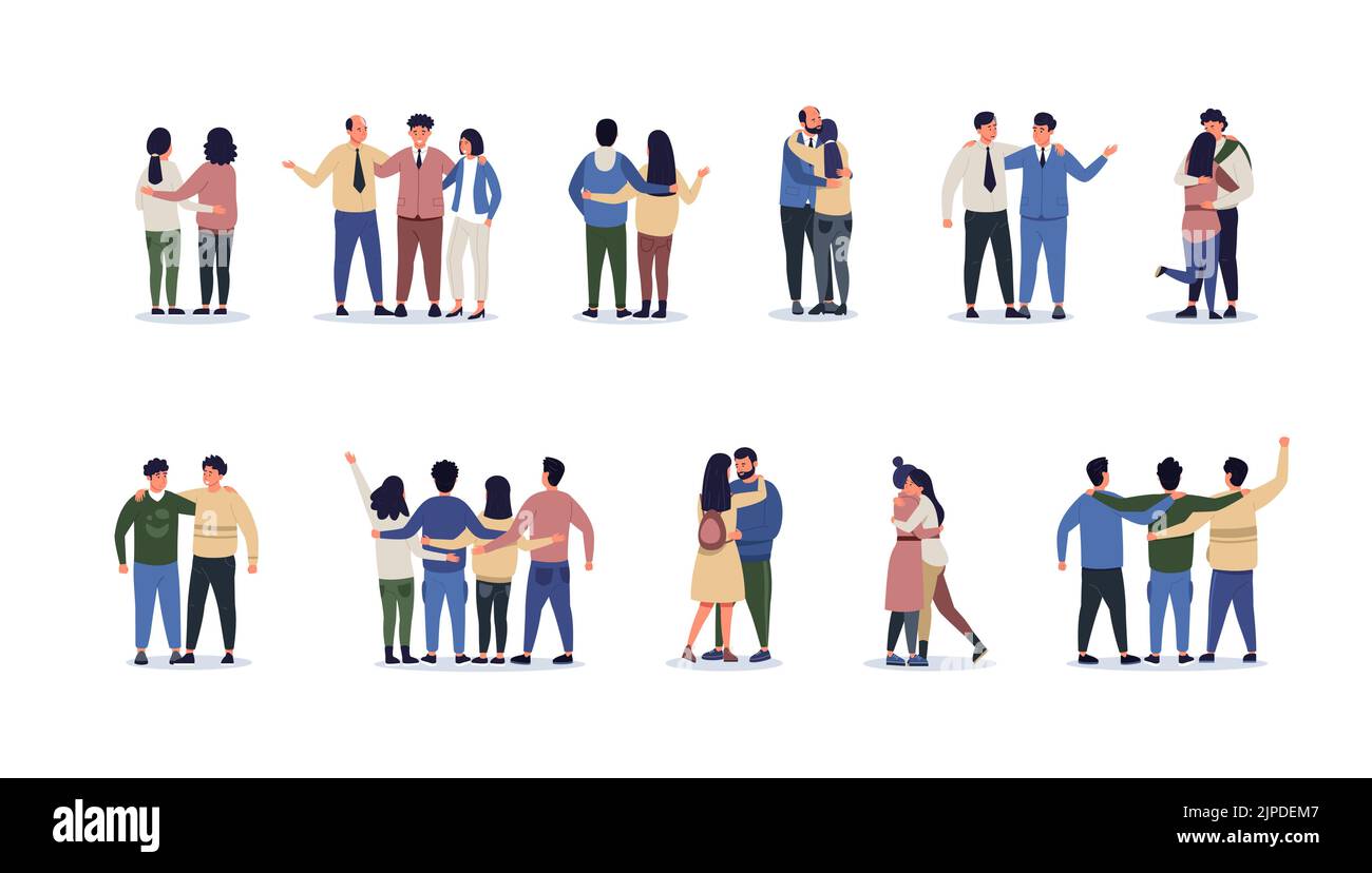Friends hugging behind. Young persons friendship and coworkers collaboration concept, teamwork friends and coworker friendly hug. Vector isolated set Stock Vector