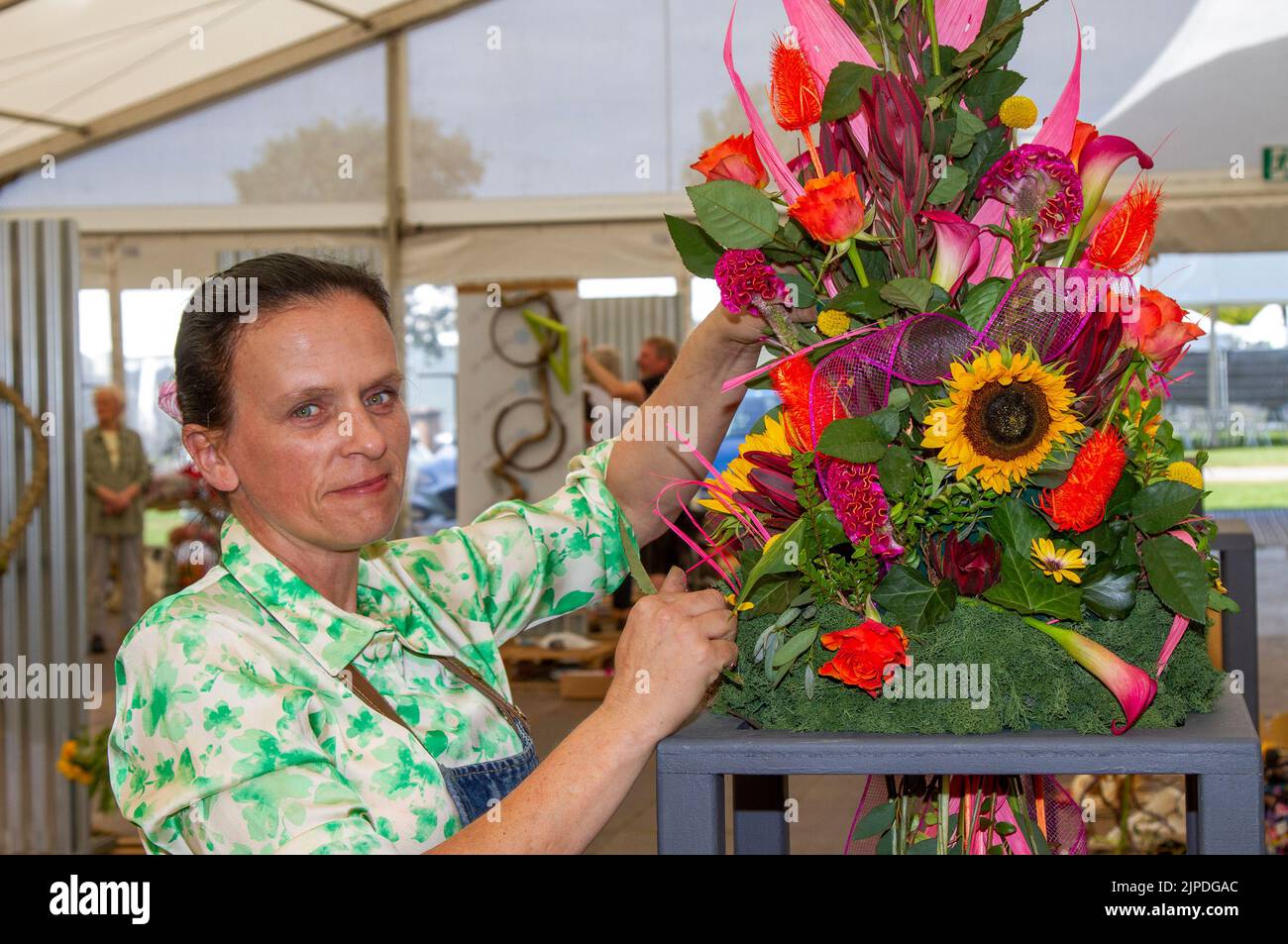 Southport Flower Show, Merseyside, UK. 17th Aug 2022:  Diane Duffy with her floral art exhibit at the largest independent flower show in England, which is expecting thousands of visitors over the four-day event as it opens tomorrow after a two-year closure.  Credit: MediaWorld Images/Alamy Live News Stock Photo