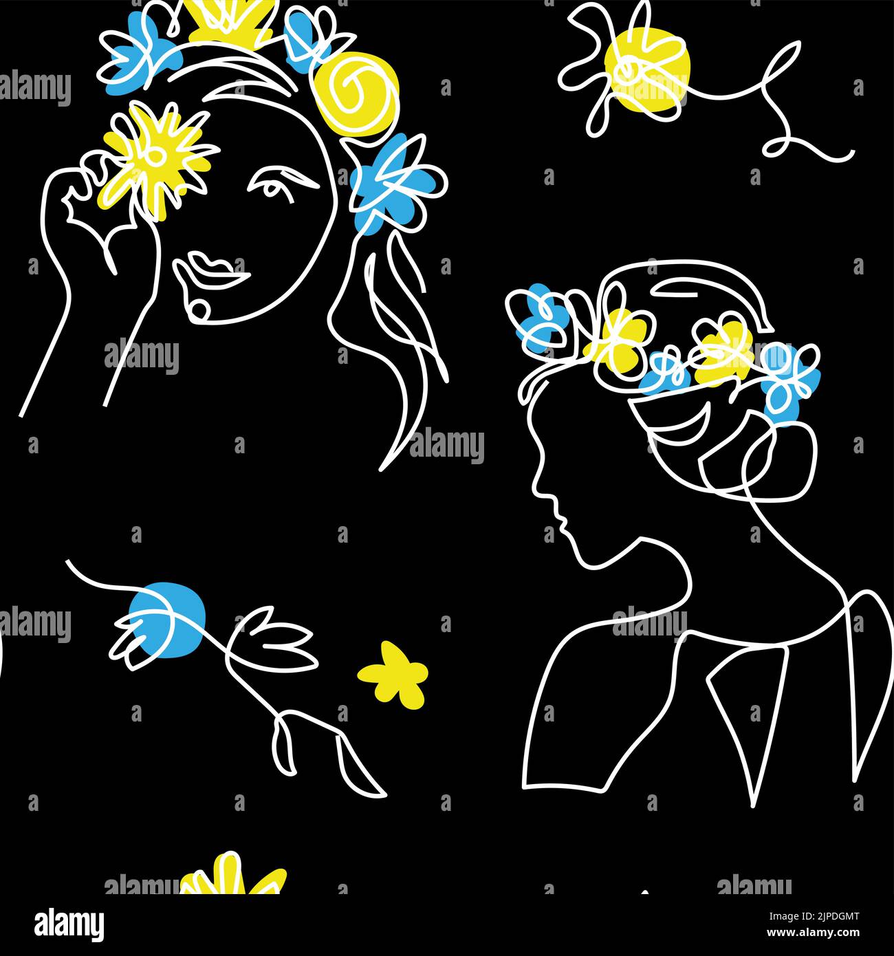 Head in flowers vector pattern on black background. One continuous line art drawing. Blue and yellow flowers in head Stock Vector