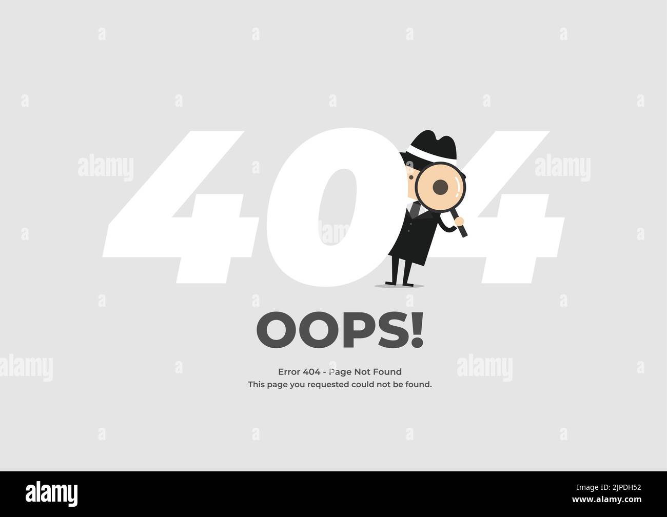 Detective holding a magnifying glass behind 404 text. Error 404 page not found. System maintenance. Stock Vector