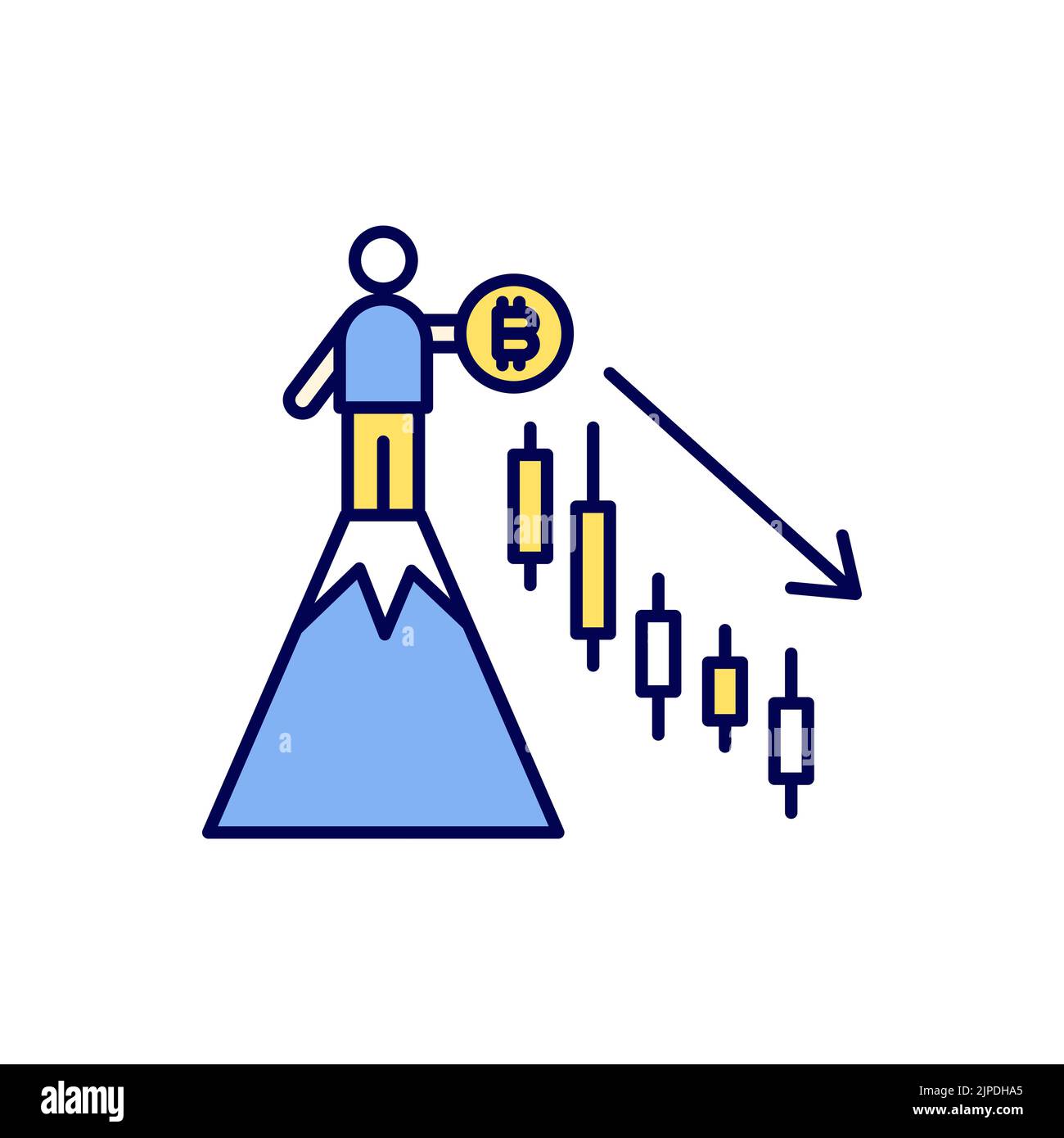 A man with a Bitcoin stands on the top of the hill but the price chart goes down. Cryptocurrency market falling. Stock Vector