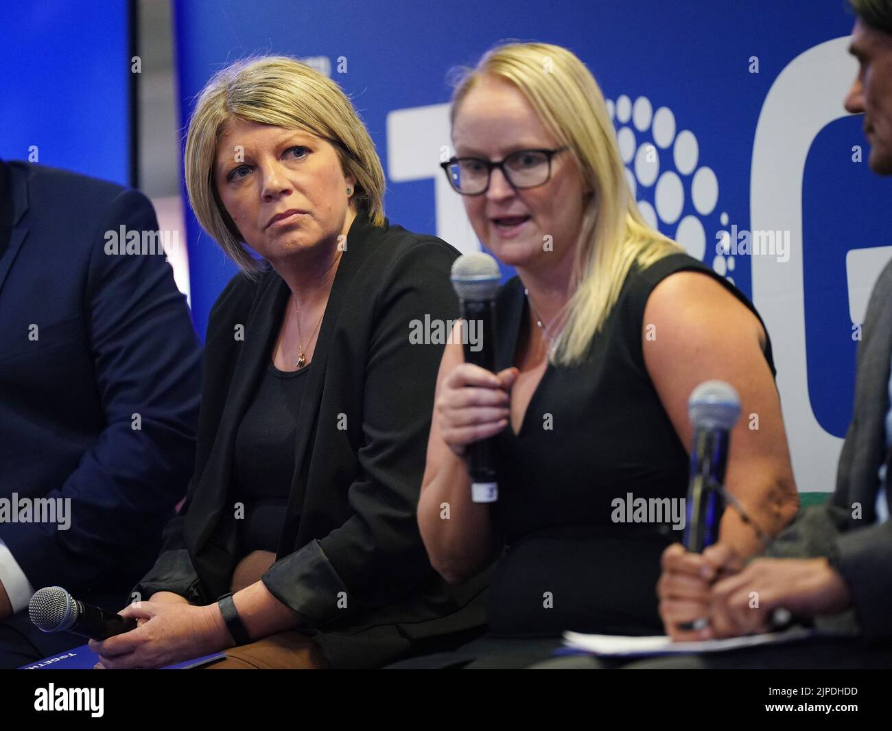 Lynsey Talbot (left), Head of Equality, Diversity and Inclusion, Blackburn Rovers FC, and Paula Watson, Director of Operations at Bradford City AFC, taking part in a panel discussion during the EFL launch of new equality diversity & inclusion strategy at The Valley, London. Picture date: Wednesday August 17, 2022. Stock Photo