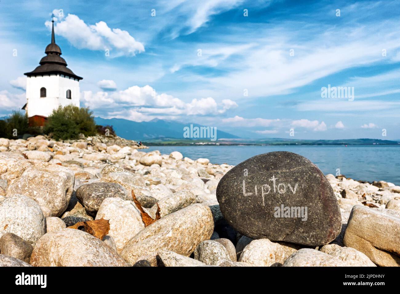 Text I LOVE LIPTOV written on stone at shore of dam Liptovska Mara at Slovakia Stock Photo