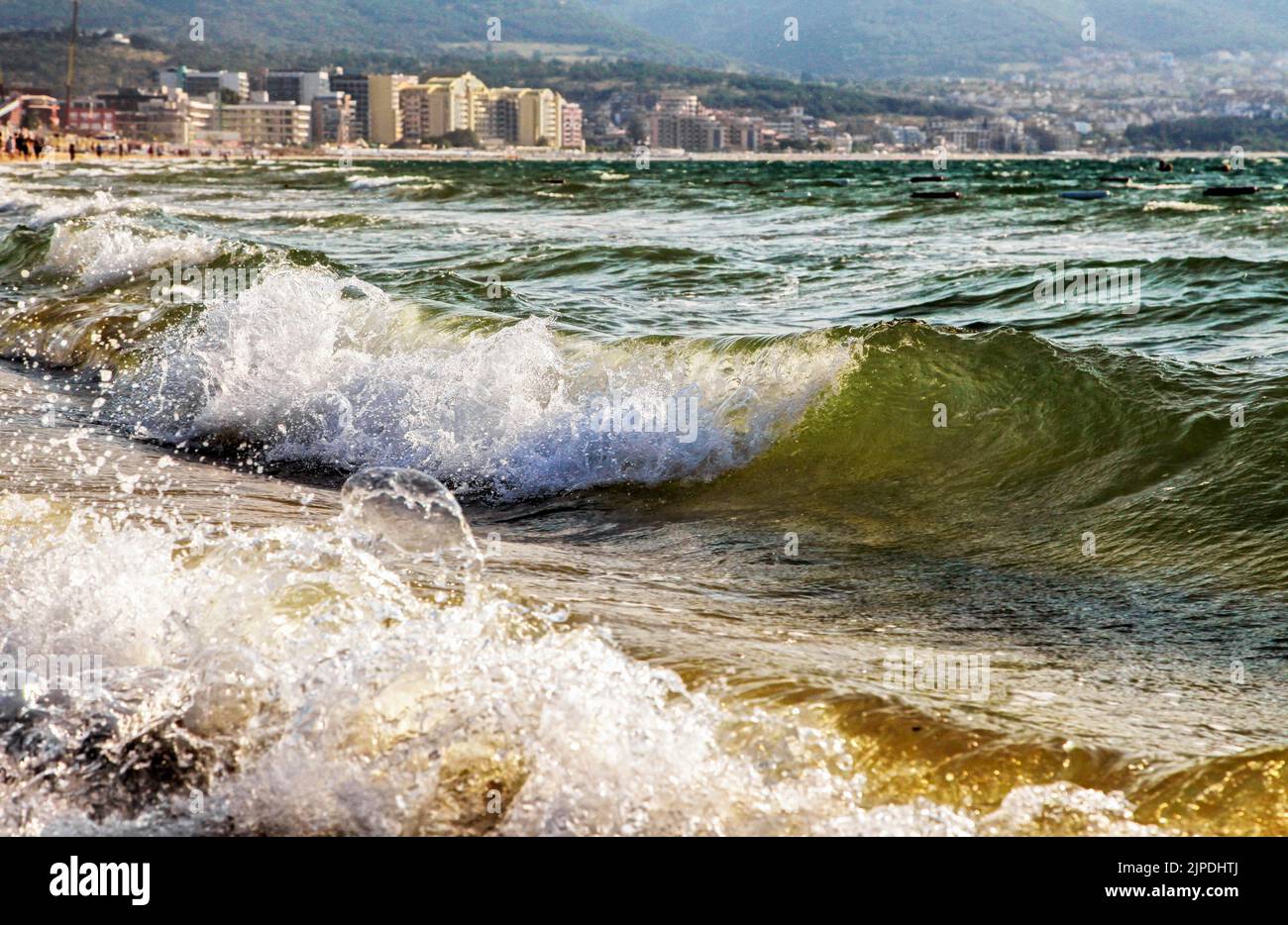 Sea waves on the shore of Black Sea in Sunny beach, Bulgaria Stock Photo