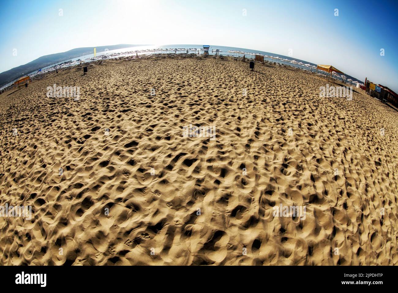 Sandy beach, sea and sunny day at Sunny beach in Bulgaria Stock Photo