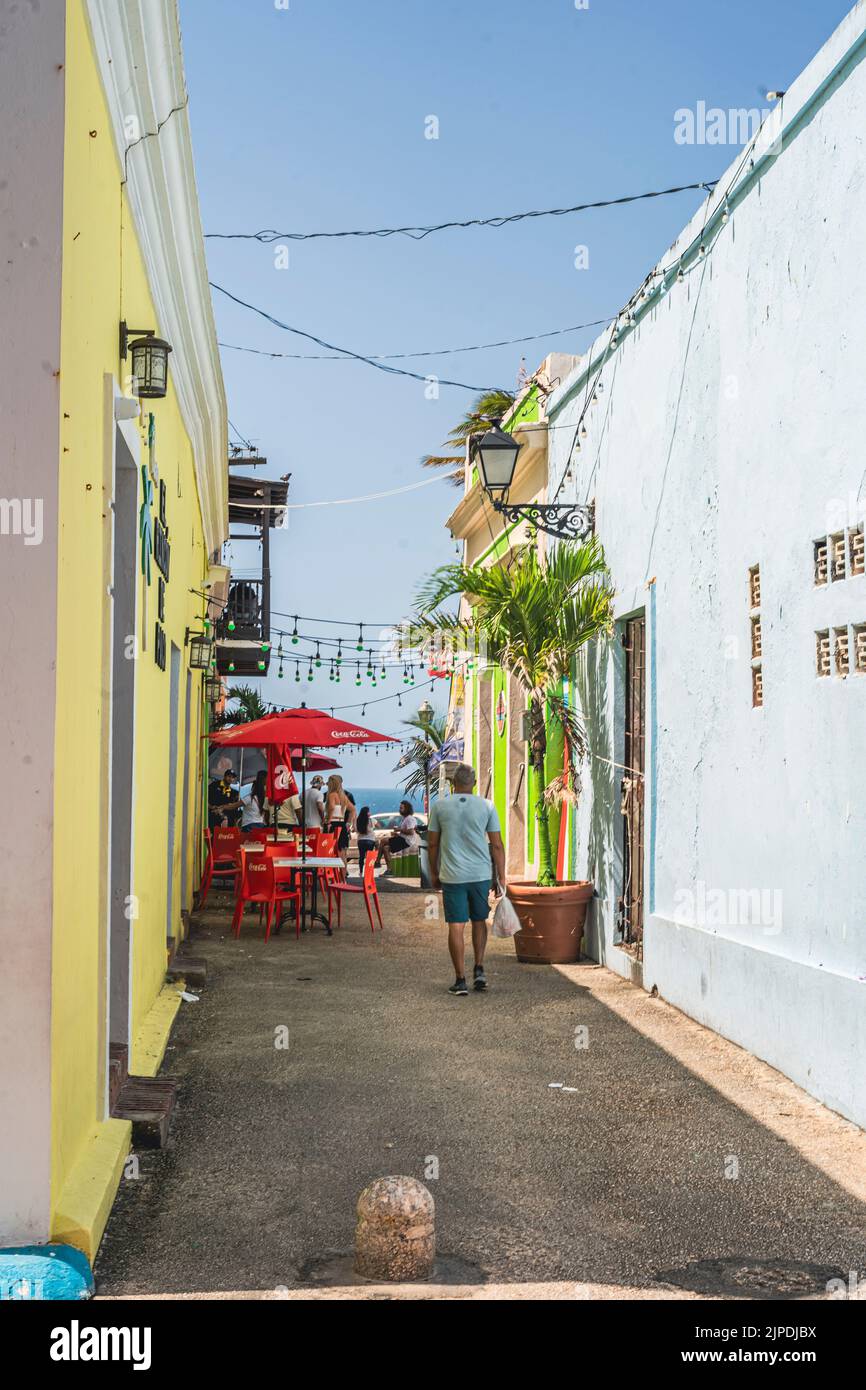 Old San Juan, Puerto Rico - August 25, 2021: Historic Alleyway in the Colonial Town of Old San Juan Located in Puerto Rico. Stock Photo